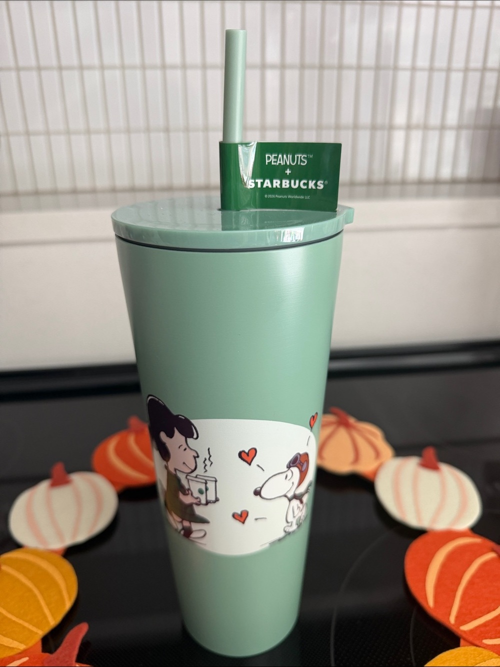 NWT-Viral Starbucks Mint Green Peanuts Travel Tumbler with Straw